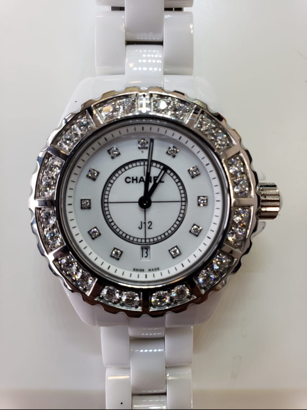 CHANEL White Ceramic J12 Diamond Bezel Women's Watch